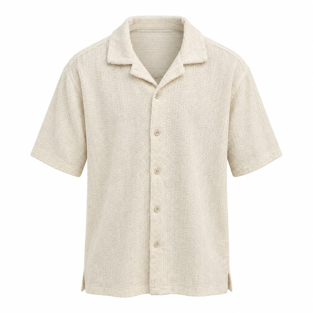 Marc Asher NY Textured Knit Camp Shirt Off White Cream Chevron Short Sleeve XL